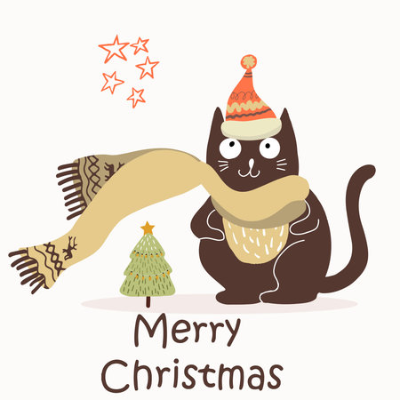 Fat cat in a Santa hat, funny cat, in a beige scarf, next to the Christmas tree, the inscription Merry Christmasのイラスト素材