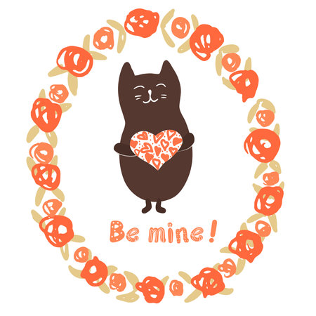 A cat in a round wreath of abstract flowers with a heart in its paws, a declaration of love, Valentine's Day, a marriage proposal.のイラスト素材