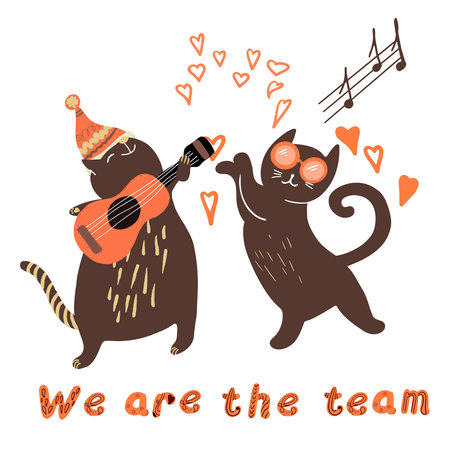 A couple of cats, a concert, a musical group, with a guitar, dancing, cheerful congratulations, Valentine's Day, Birthday in winter, a cloud of hearts, the inscription We are a team.のイラスト素材