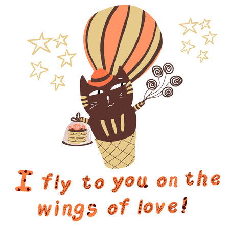 Fat cat flies ion a hot air balloon with a bouquet of flowers and a cake, the inscription I am flying to you on the wings of love, Valentine's Day, declaration of love, weddingのイラスト素材