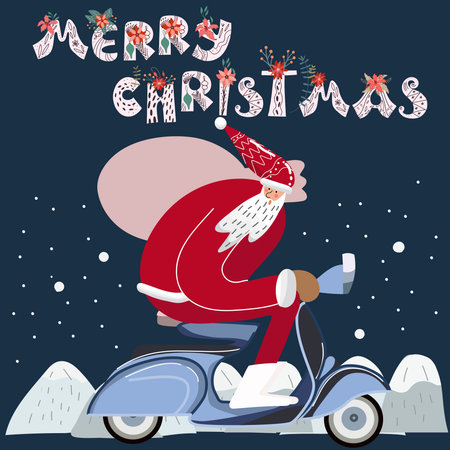 Santa rides a scooter with a bag of gifts on his shoulders, snowfall, lettering Merry christmas.のイラスト素材