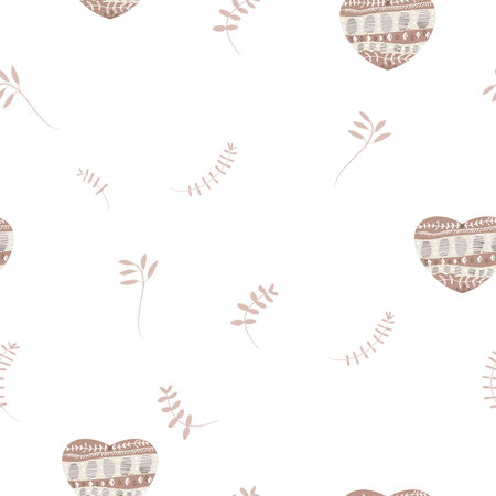 Seamless pattern with decorative abstract heart, plant natural elements, twigs, hugge, hygge.のイラスト素材