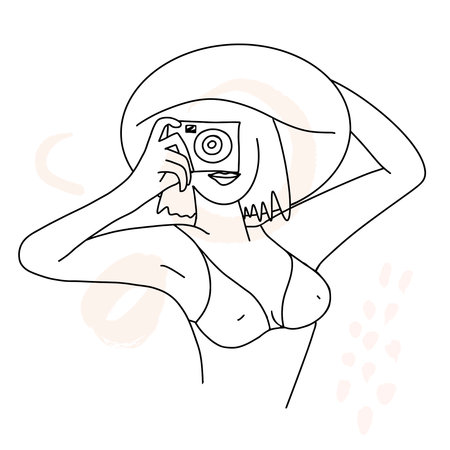 Outline drawing hand drawing a girl in a hat takes pictures on a camera sketch, vector.のイラスト素材