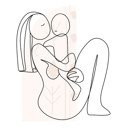 Woman with child, motherhood, hand drawn one line drawing, vector.のイラスト素材