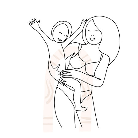 Mom with a child linear drawing, sketch, vector, motherhood.のイラスト素材