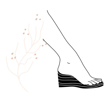 Female leg, ankle, foot on the platform, linear drawing, one line sketch, vector, abstract branch on the background.のイラスト素材