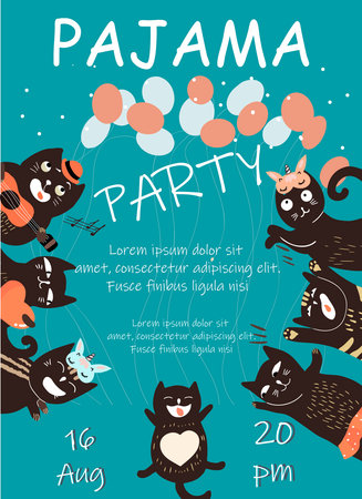 Vector invitation template for a pajama party, many cats peeking out, guitar, heart, sleep masks, children's birthday.のイラスト素材