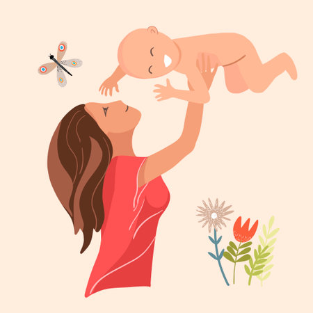 Woman throws a laughing baby up over her head, around flowers, butterfly, vector illustration, happy mother's day.のイラスト素材
