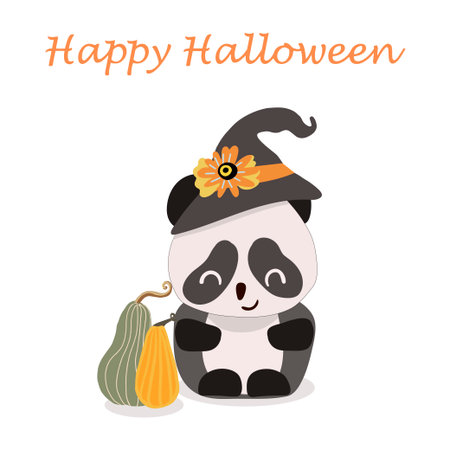 Vector illustration of a cute panda in a hat, with pumpkins, the inscription halloween.のイラスト素材