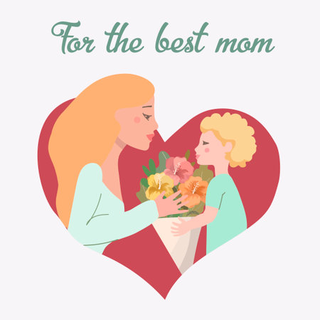 Mom with son, son gives a bouquet of hibiscus, vector composition in shape of heart for Happy Mother's Day, lettering Best Mom, motherly love, warm feeling.のイラスト素材