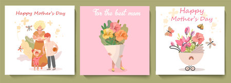 A set of three square cards with congratulations on Mother's Day, a mother of many children with three children, a blooming stroller, baby holds a huge bouquet of hibiscus, vector illustration.のイラスト素材