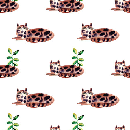 Seamless pattern with watercolor illustration of a spotted brown cat, Bengal breed, with a ficus.の写真素材