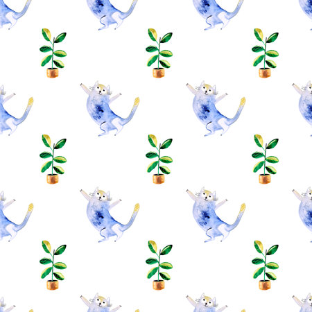 Seamless pattern with watercolor illustration of spotted cat with ficus.の写真素材