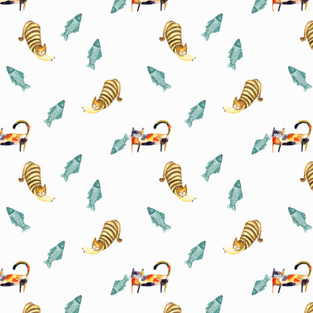 Seamless pattern with watercolor illustration of two cats with fish.の写真素材
