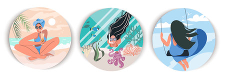 A set of three round designs, a girl with a cocktail on the beach, a girl swims underwater and a girl swings on a swing, rear view. Vector illustration of summer time, vacation mood.のイラスト素材