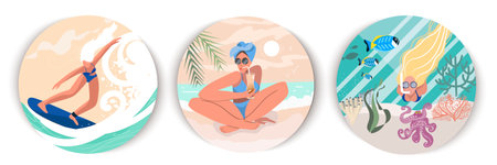A set of three round designs, a girl is surfing, a girl is swimming underwater and a girl is drinking a cocktail on the beach. Vector illustration of summer time, holiday mood.のイラスト素材