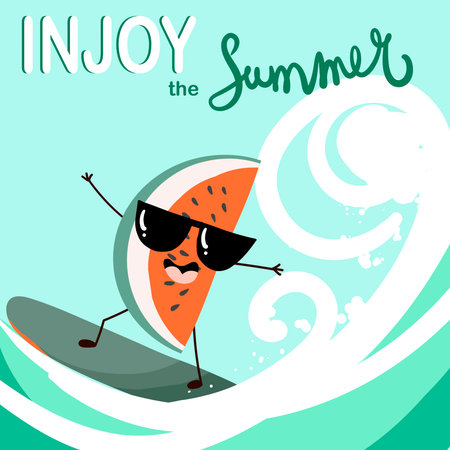 Vector illustration of a cute, comical, cartoon character of an watermelon slice, surfer on a board riding the waves, summet time, summer vibes. Inscription Enjoy the summer.のイラスト素材