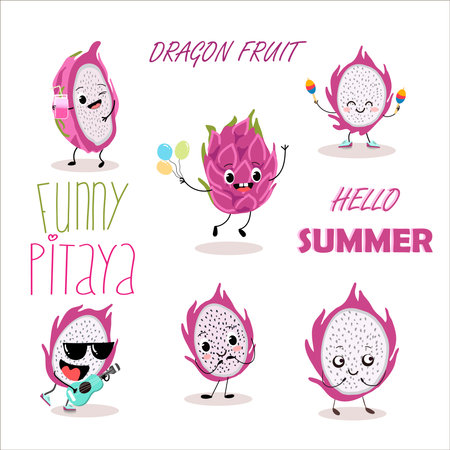 Vector illustration set of six funny cartoon characters of pitahia, pitaya, dragon fruit, with glasses and with a guitar, ukulele, with balloons, with maracas.のイラスト素材