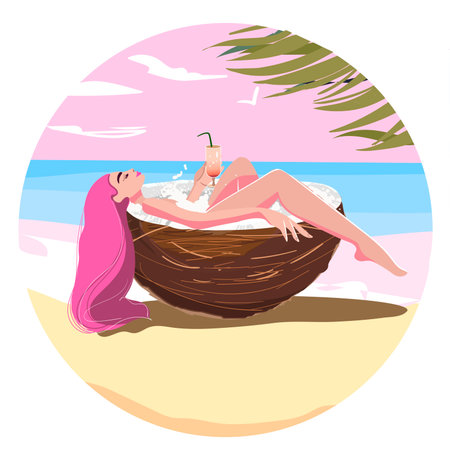 Round design on the theme of summer, vacation mood. The girl or woman bathes in a huge coconut with a cocktail against the backdrop of a pink sunset. Summer time, summer vibes.のイラスト素材