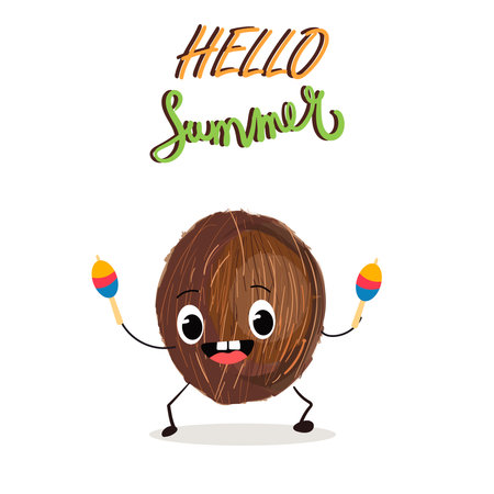 Vector illustration character, cartoon coconut playing maracas, hello summer lettering. Summer time, summer vibes, fruits, organics.のイラスト素材