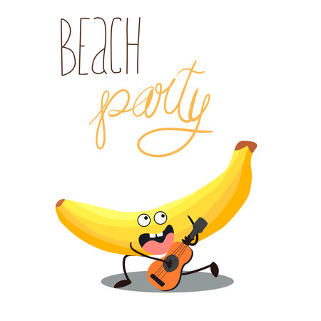 Vector illustration character, cartoon funny banana, playing guitar, ukulele, Beach party lettering. Summer mood, funny fruits, organic. baby concept. Print design for summer.のイラスト素材