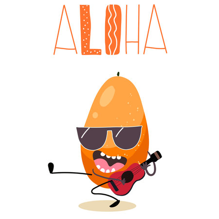 Vector illustration character, cartoon funny papaya plays the guitar, ukulele, lettering "Aloha". Summer mood, funny fruits, organic. child concept.のイラスト素材