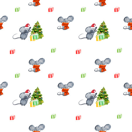 Hand drawn watercolor painting with mouse, rat in Santa Claus hat, Christmas tree, gift box, isolated on white background.の写真素材