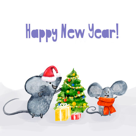Watercolor square card Happy New Year! Hand drawn greeting, invitation, two mice, rats in Santa hat and red scarf, Christmas tree and gift boxes.の写真素材