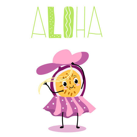 Vector illustration of a cute character, funny fruits, adorable passion fruit in a hat and skirt. T-shirt design for kids, summer time, summer mood, summer mood. Aloha lettering.のイラスト素材