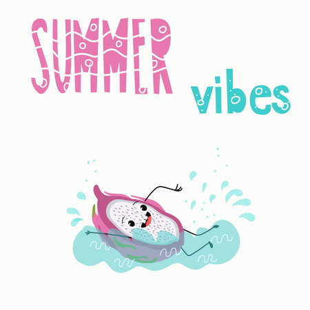 Set of vector illustrations of funny passion fruit, cartoon characters, with musical instruments, cocktail, juice, smoothie, fresh, lettering.のイラスト素材