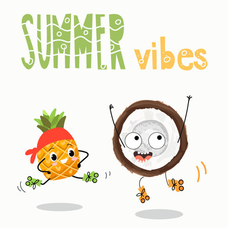 Vector illustration of funny characters, cartoon, pineapple and coconut rollerblading, bouncing. Lettering summer vibes.のイラスト素材
