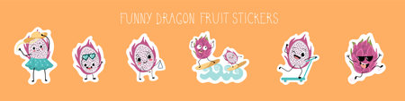 Tropical fruit sticker set. Dragon fruit, pitaya, pitahiya. summer cartoon graphic. Vector hand drawn illustration.のイラスト素材