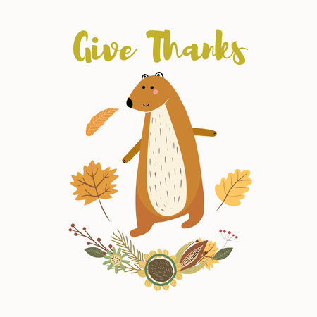 Thanksgiving day vector illustration of a forest bear with a semicircle of abstract flowers and plants in an autumn palette, the inscription Give thanks.のイラスト素材