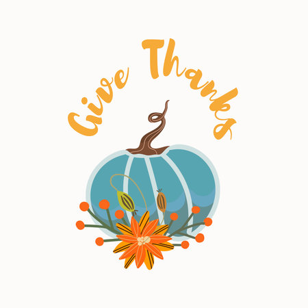 Vector illustration of a Thanksgiving blue pumpkin with an arrangement of orange abstract flowers, in an autumn palette, the inscription Give Thanks.のイラスト素材