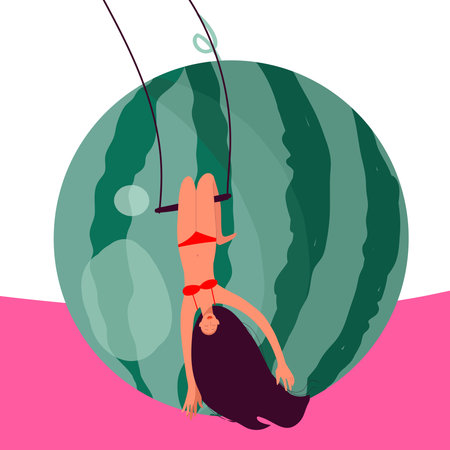 Tiny girl upside down on a swing against the background of a huge dragon fruit, pitaya, pitahiya, summer mood, summer vibes, organic, healthy food, vitamins.のイラスト素材