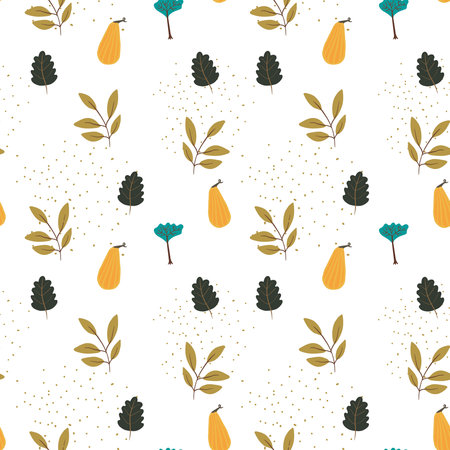 Seamless autumn pattern with abstract plants, pumpkin, leaves, twigs, in a gentle palette.の写真素材