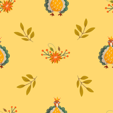 Seamless vector pattern with natural, natural shades, abstract flowers, poinsettia, turkey, autumn vibes, suitable for Thanksgiving, Christmas.のイラスト素材