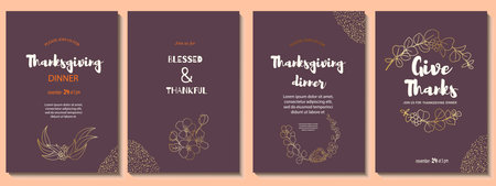 Abstract universal templates with hand drawn golden line drawings of flowering half wreaths, semicircle of orchid, protea, eucalyptus, apple tree, for brochure, advertising, thanksgiving, wedding day.のイラスト素材