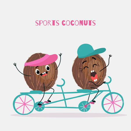 Vector illustration of funny characters, a couple of coconuts, riding a tandem, a bicycle, rejoice, waving their hands, shouting, wearing caps, funny fruits, nut. The inscription sports coconuts.のイラスト素材