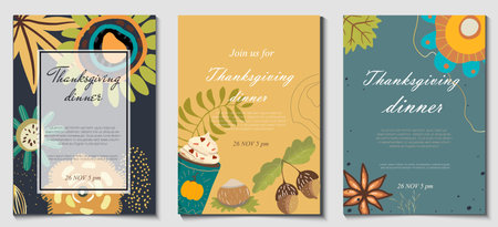Abstract universal templates set in autumn palette with leaves, flowers, acorn, walnut, maple leaf, cinnamon and golden line for, web publishing, advertising, thanksgiving invitation.のイラスト素材