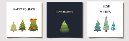 Christmas vector gift set of cards or tags with inscriptions Merry Christmas, best wishes, happy holidays with decorated Christmas trees, fir trees, pine trees. hand drawn design elements.のイラスト素材