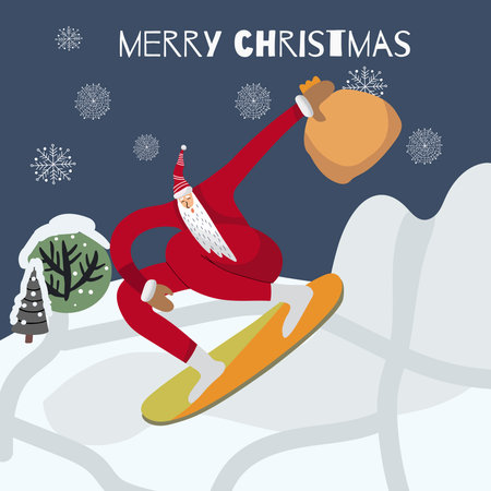 Merry Christmas and Happy New year, vector Christmas card for snowboarders - Santa grabs. For posters, banners, sales and other winter events.のイラスト素材