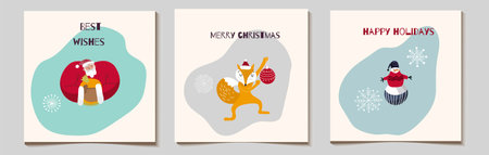 Set of minimalistic Christmas vector gift square cards or tag set, Santa with gift bag, fox character, snowman, best wishes and merry christmas lettering.のイラスト素材