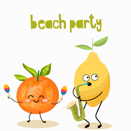 Vector illustration of funny characters, cartoons, lemon and tangerine, fun, emotional, expressive, funny fruits, beach party lettering.のイラスト素材