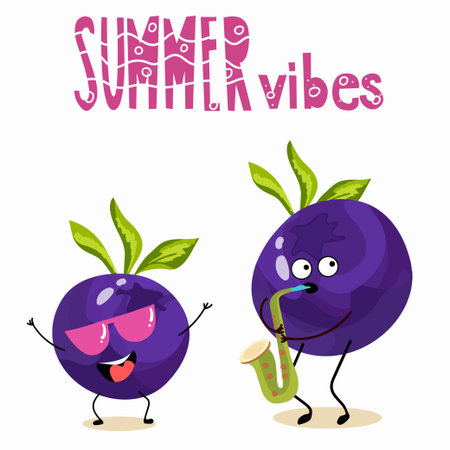 Vector illustration of funny characters, cartoon characters, blueberry funny fruit, summer vibes, party, beach.のイラスト素材