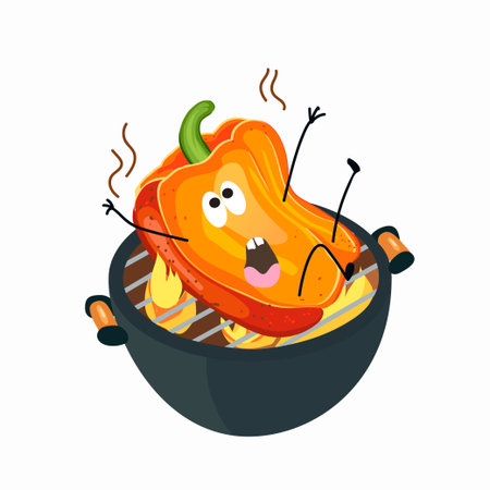 Bell pepper funny character roasted on barbecue grill, vector illustration. cartoon character of food. Isolated image on a white background.のイラスト素材