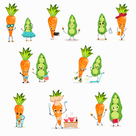 Vector illustration, a set of funny characters carrot and pea vegetables with musical instruments, on a scooter, in the form of a cook in the kitchen, design for children's t-shirt, ingredient.のイラスト素材