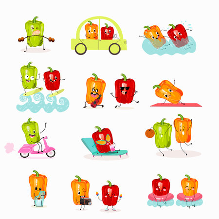 Vector set of funny cartoon bell pepper character on scooter, playing musical instruments, on vacation, healthy food, ingredients, kids t-shirt design.のイラスト素材