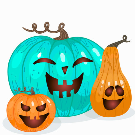 Vector illustration, Set pumpkin on white background. Orange and blue pumpkin with smile for the holiday Halloween.のイラスト素材