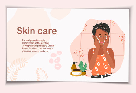 skincare concept. Landing page template. Black woman do cosmetic spa procedures for face. morning routine. organic products. Vector illustration in flat cartoon style.のイラスト素材